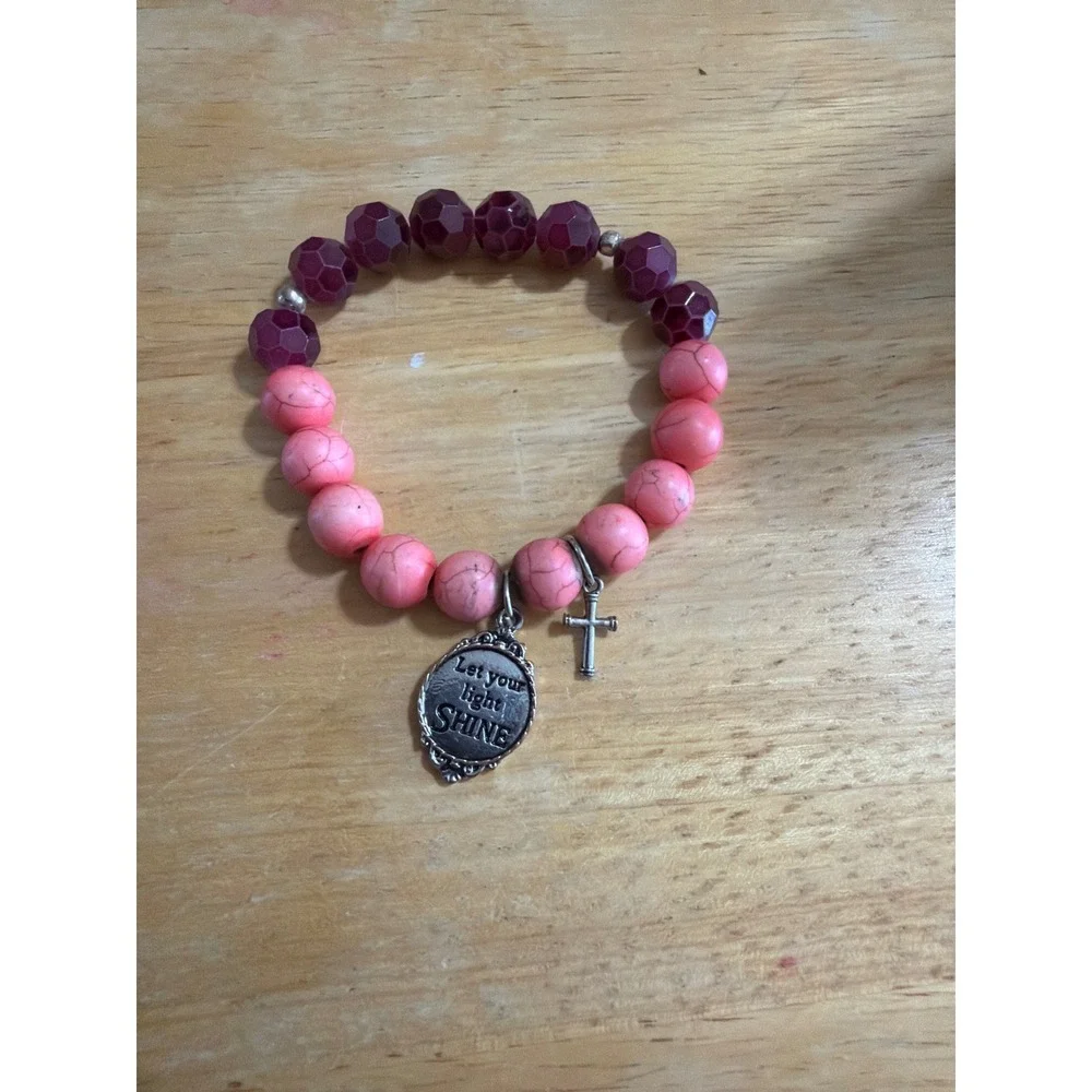 Inspirational Let Your Light Shine Cross Charm Beaded Stretch Bracelet Pink